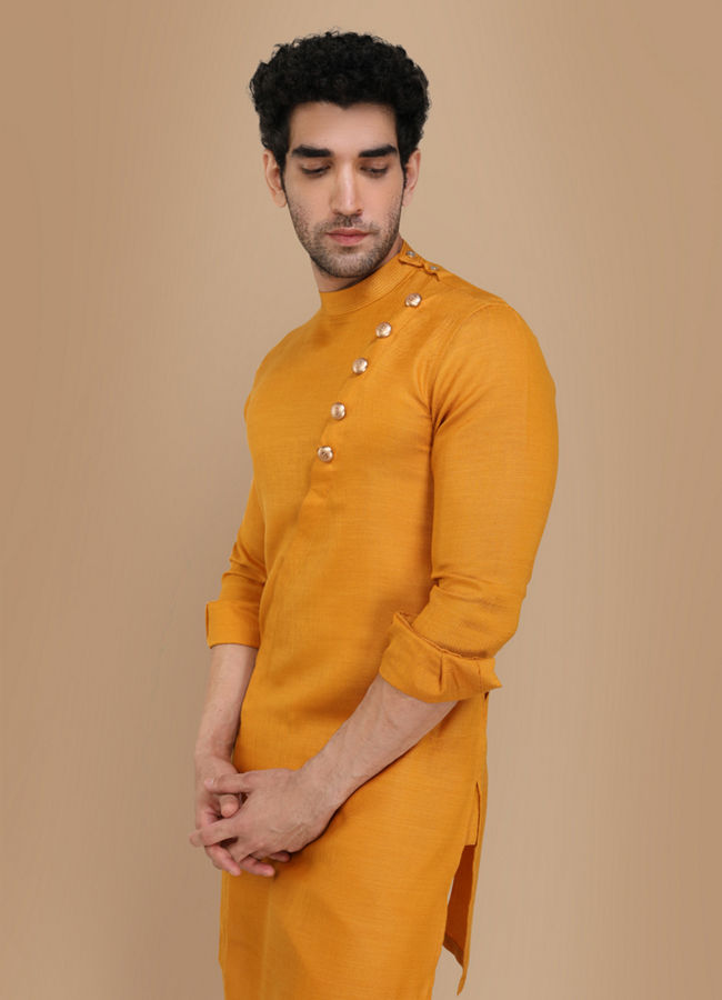 alt message - Manyavar Men Mustard Yellow Asymmetric Kurta image number 0